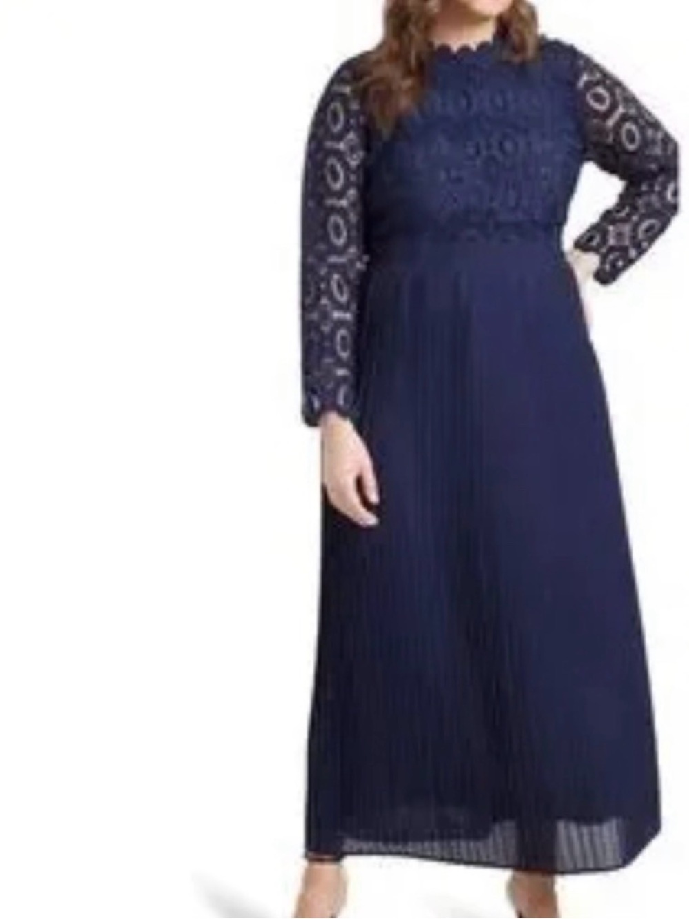 Eloquii Navy Lace Bodice Pleated Long Dress